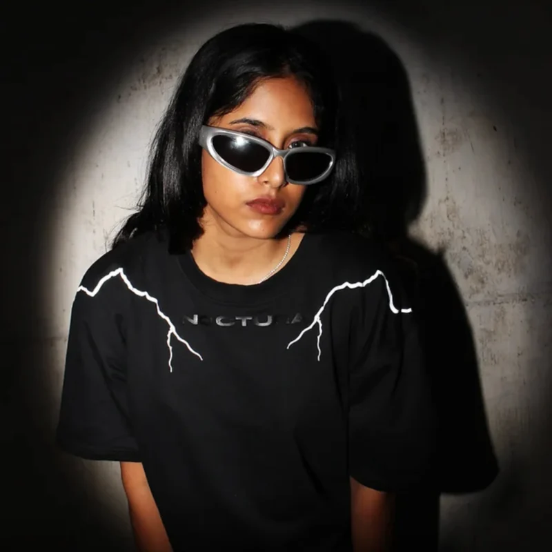 GirlinStreetwearStyle_Thunderstruck_ReflectiveBlack260GSM100_FrenchTerryCottonT-ShirtHGxNoctura-Front